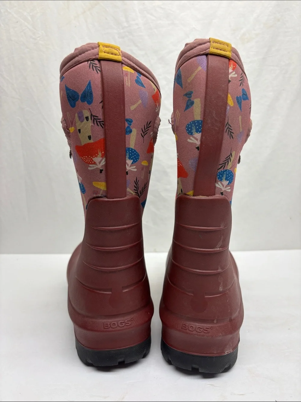 Bogs Kids Waterproof Maroon Pink Mushroom Print Rain Boots, SZ 5 big girl